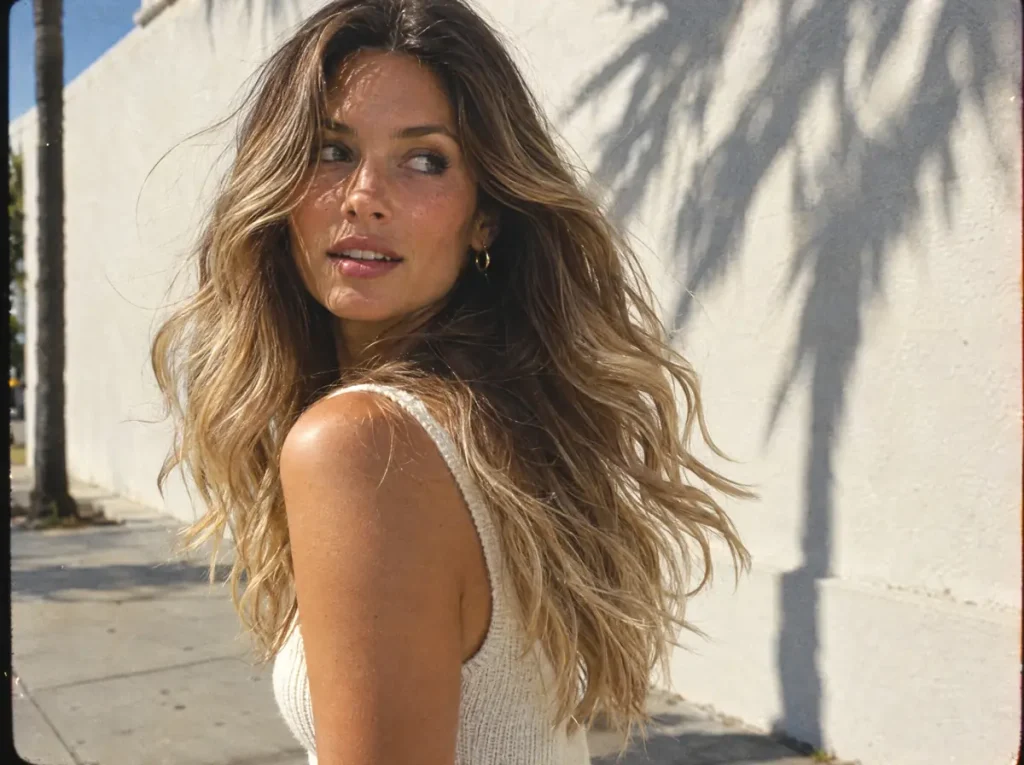 Long waves with a brunette to honey blonde balayage by J. Joseph Salon