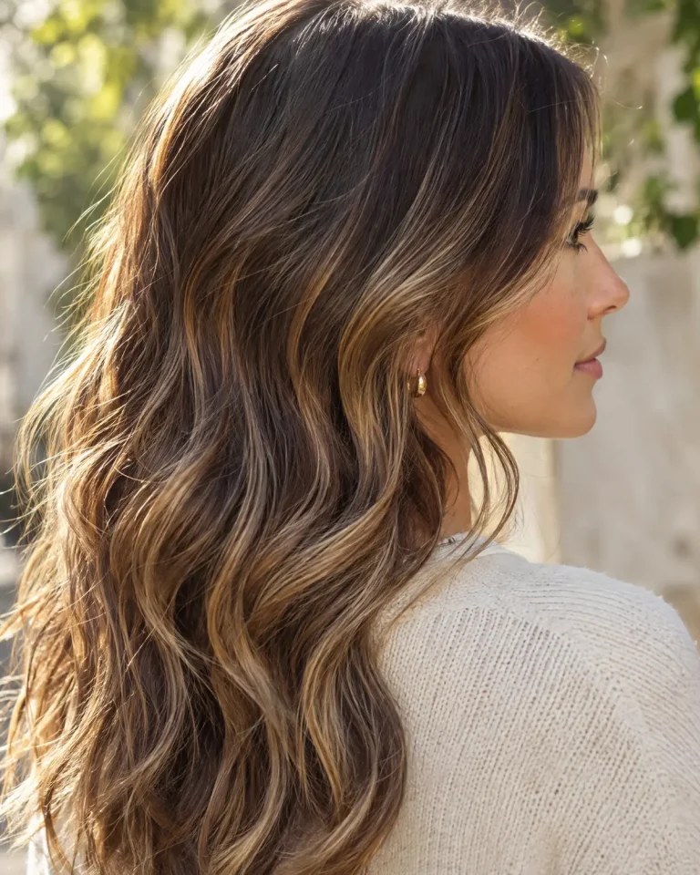 Long brunette waves with a caramel balayage, Balayage at J. Joseph Salon