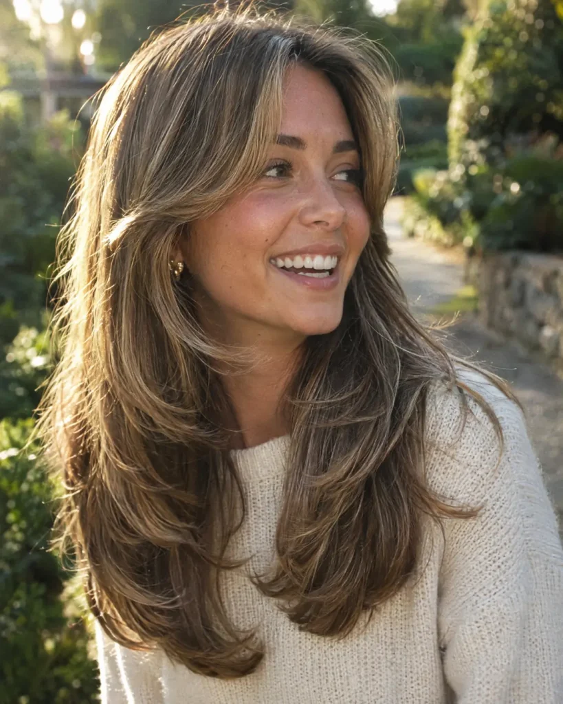 Long layered haircut with curtain bangs and a glossy blowout by J. Joseph Salon