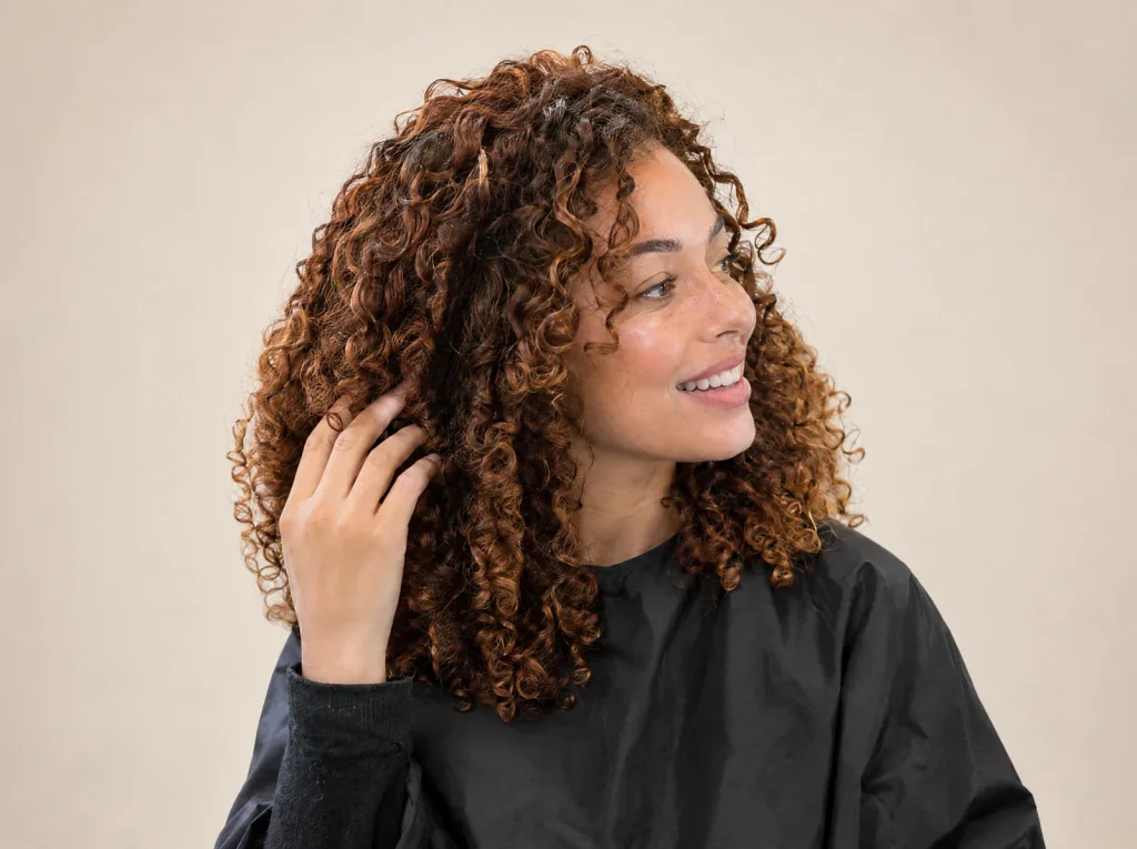 Client with defined auburn curls after a Curly Hair Experience