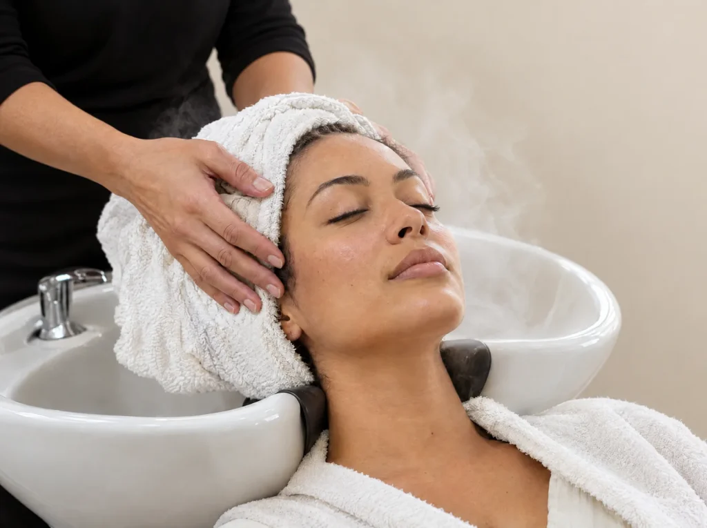 Warm towel and scalp massage add-on at the shampoo bowl
