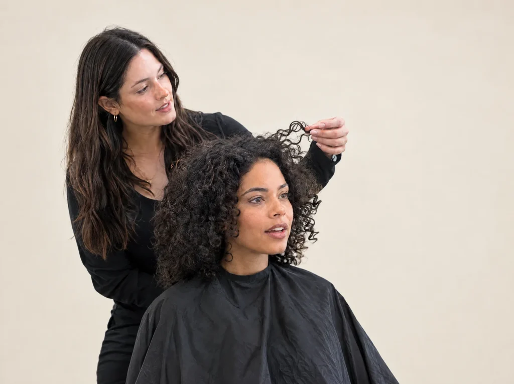 Stylist checking a client's curl pattern during the consultation