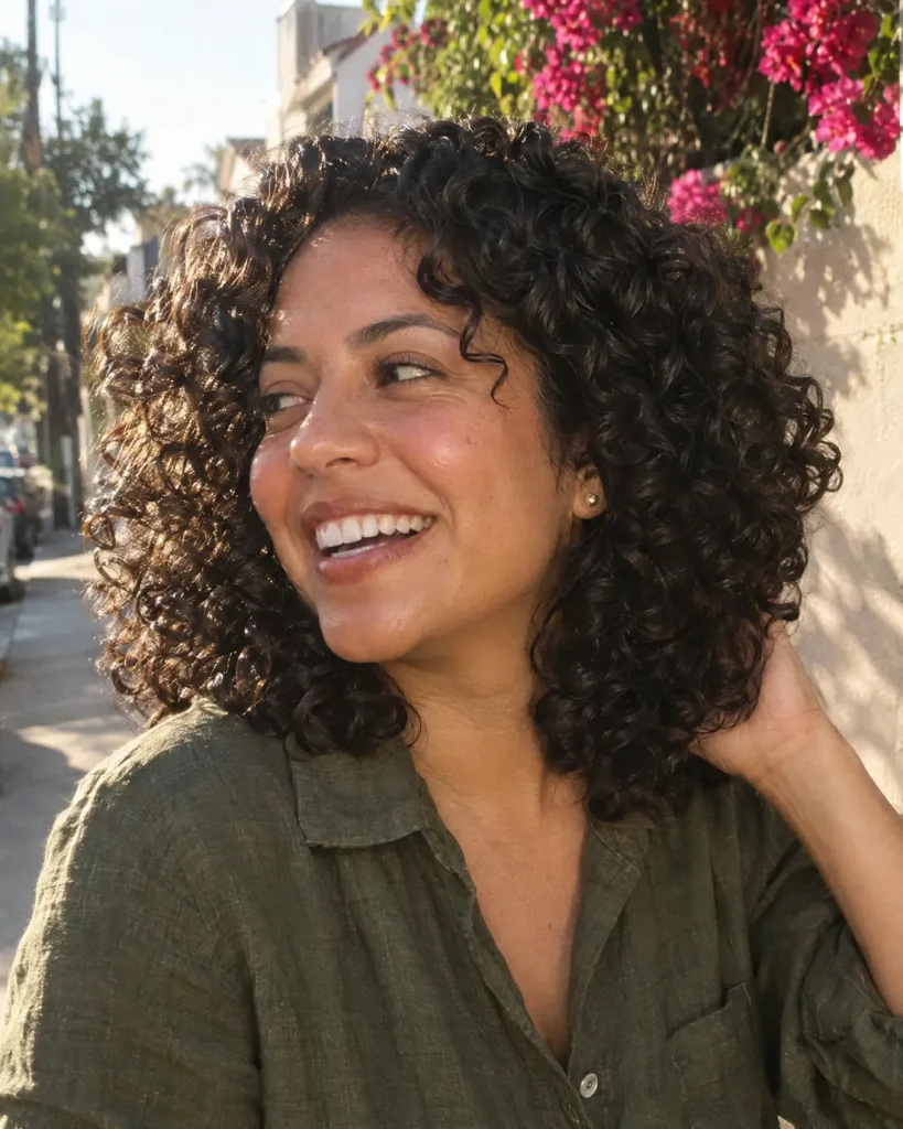 Shoulder length defined dark curls after a curly haircut at J. Joseph Salon