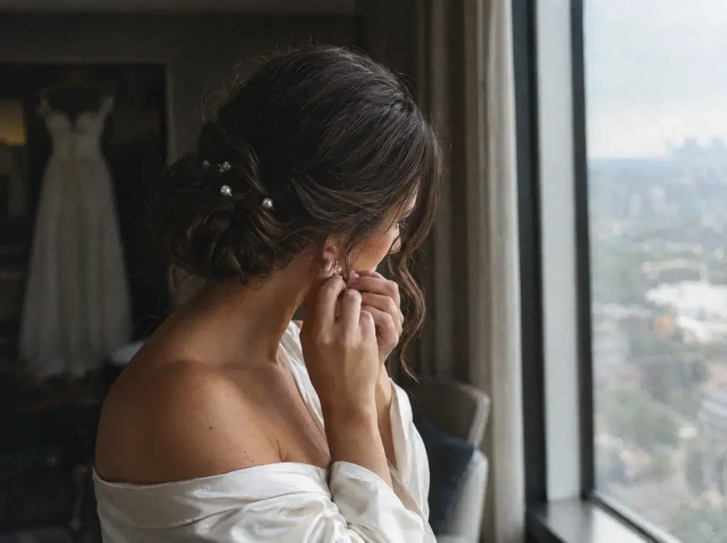Bride with a low textured chignon and pearl pins on her wedding morning
