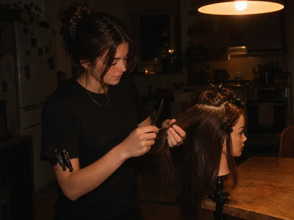 Cosmetology student practicing sectioning on a training head