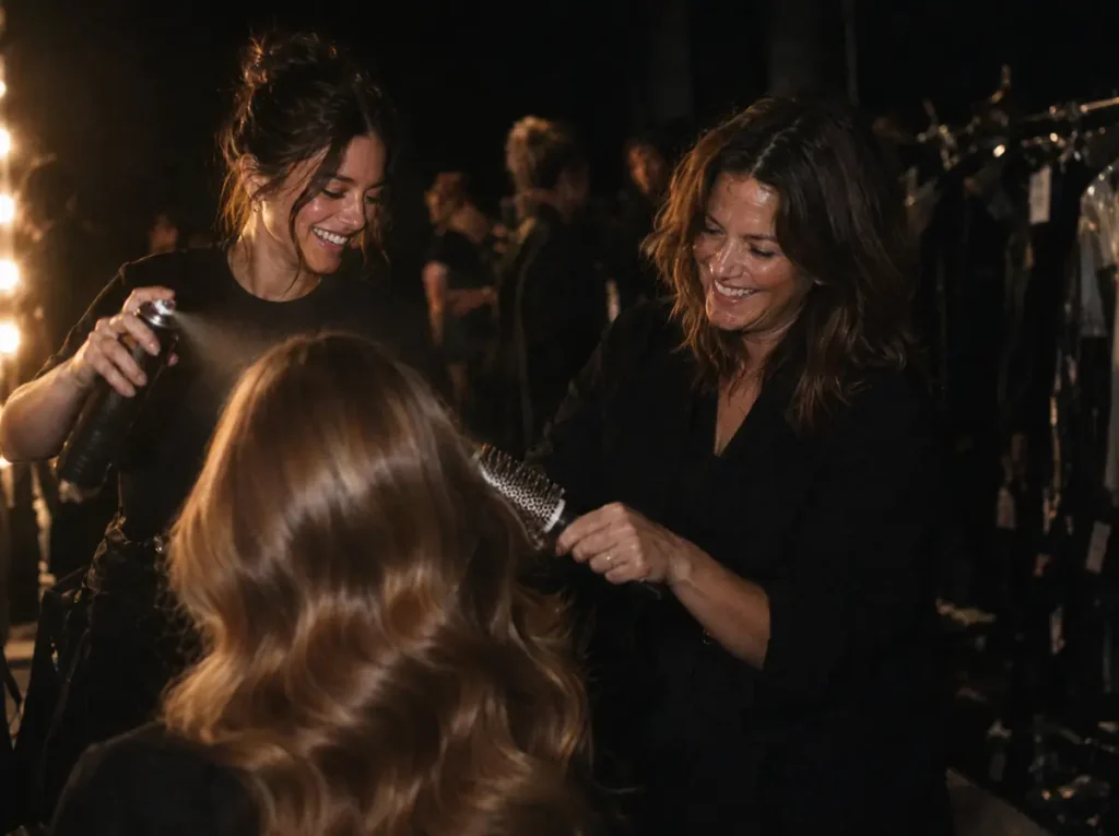 Two stylists finishing glossy waves backstage at a hair show