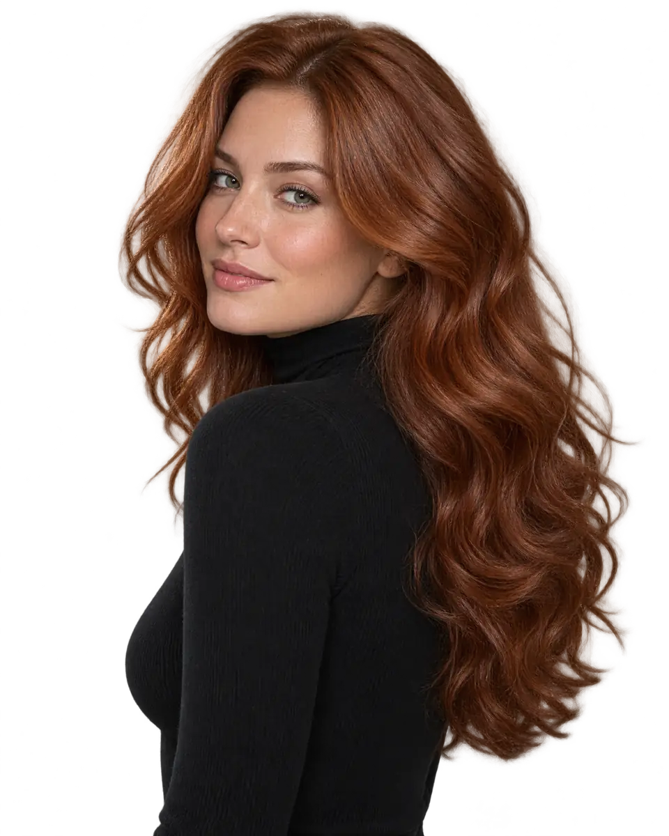 Woman with long glossy copper red waves, hair color by J. Joseph Salon in Tampa Bay