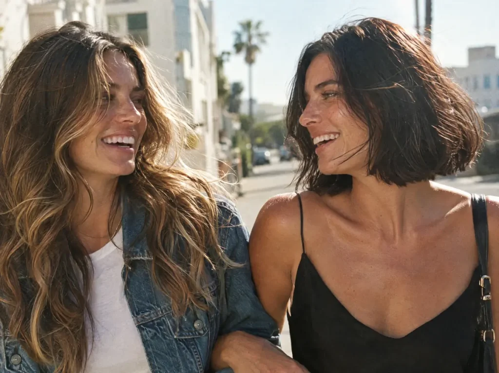 Two friends with glossy styled hair laughing together
