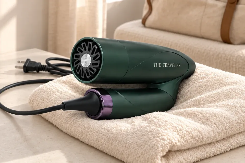 The folded forest-green Traveler hair dryer on a cream towel