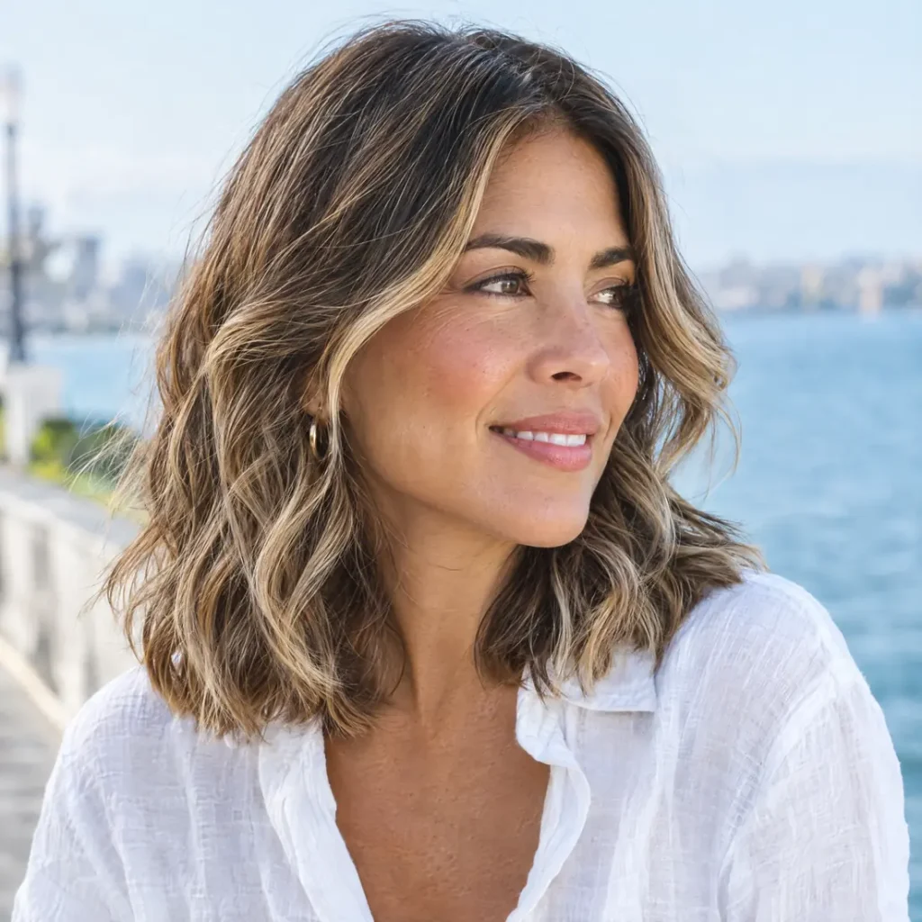 Textured lob with a beige blonde bronde balayage on a brown base