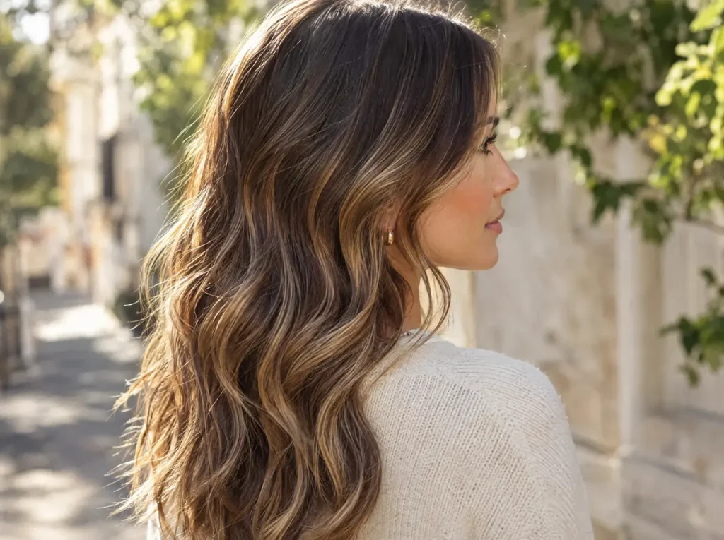 Long dark brunette waves with a caramel and honey balayage by J. Joseph Salon