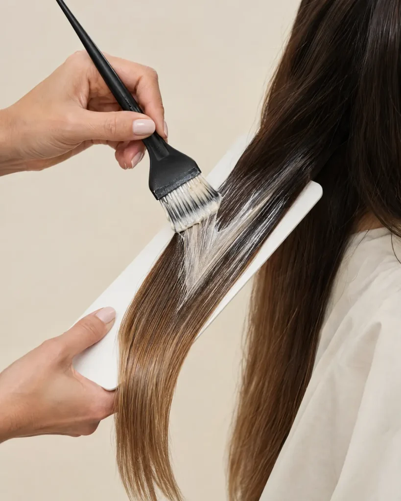 Lightener hand painted onto a section of dark brown hair with a balayage brush