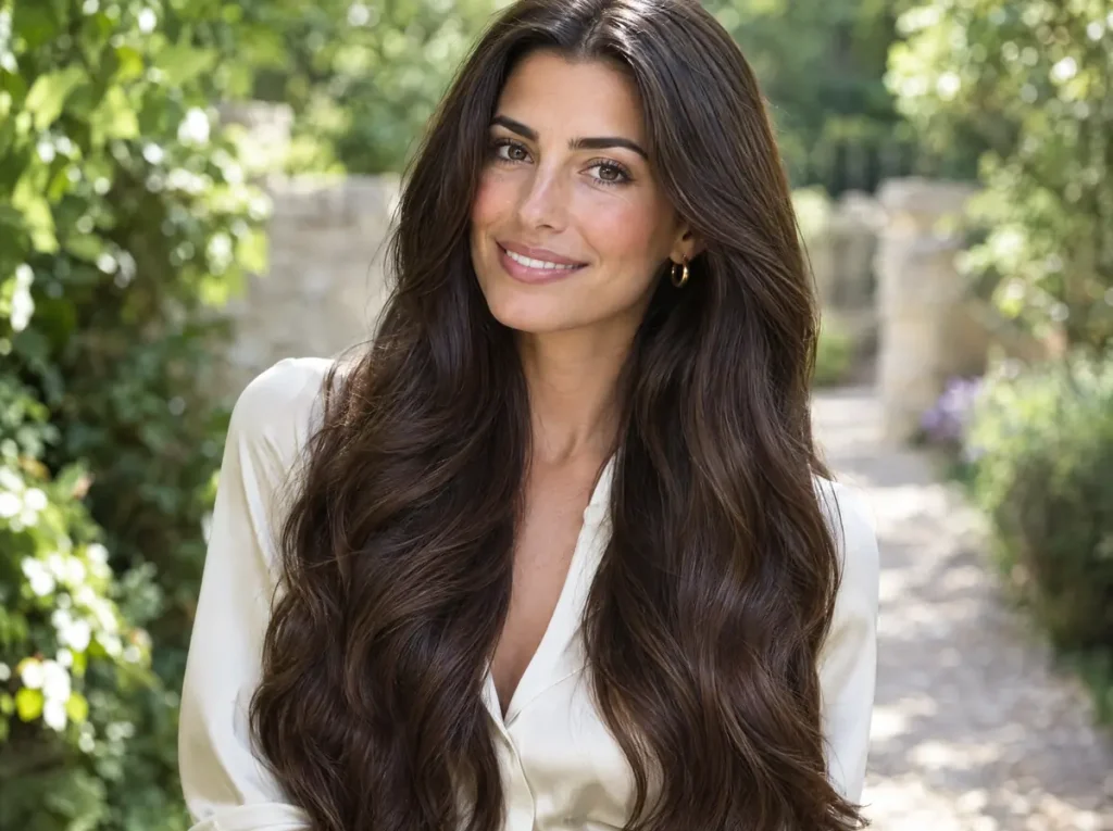 Very long chocolate brown waves with hand tied extensions by J. Joseph Salon