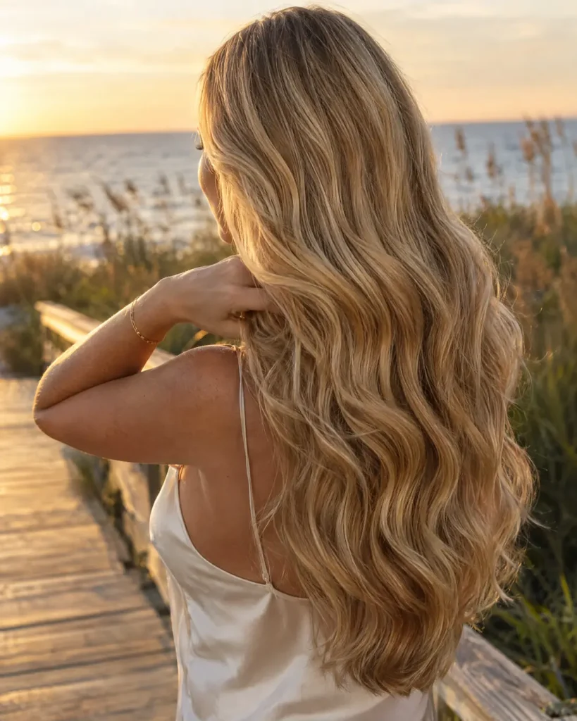 Very long honey blonde waves with seamless hand tied extensions