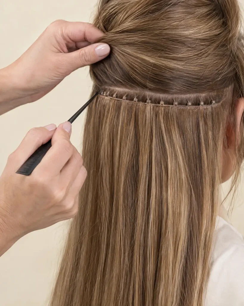 A hand tied weft sewn onto a small beaded row, color matched to the natural hair