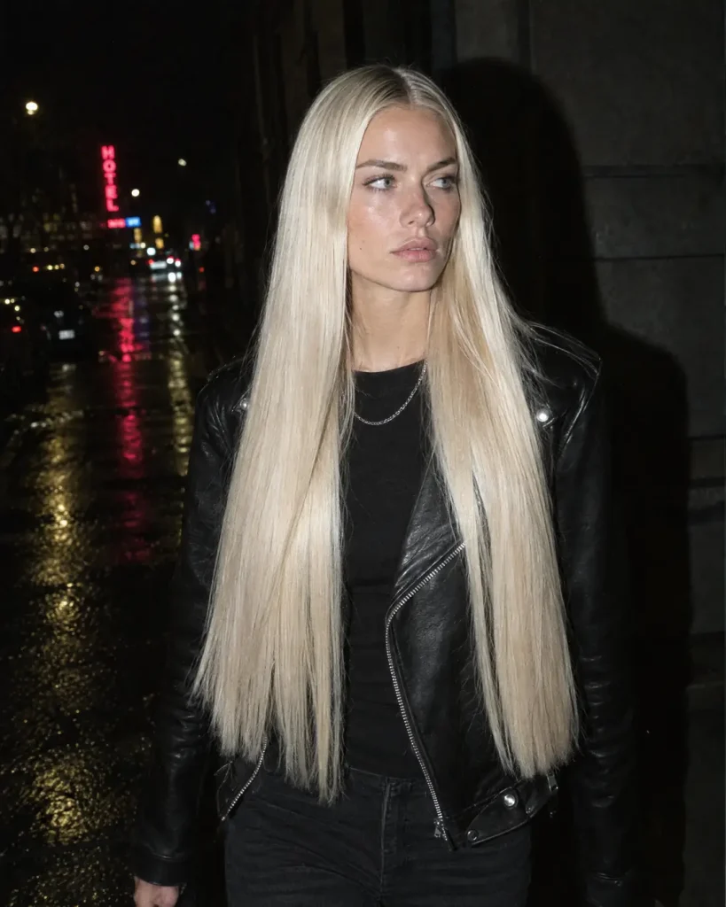 Extremely long sleek platinum blonde hair with K-tip extensions by J. Joseph Salon